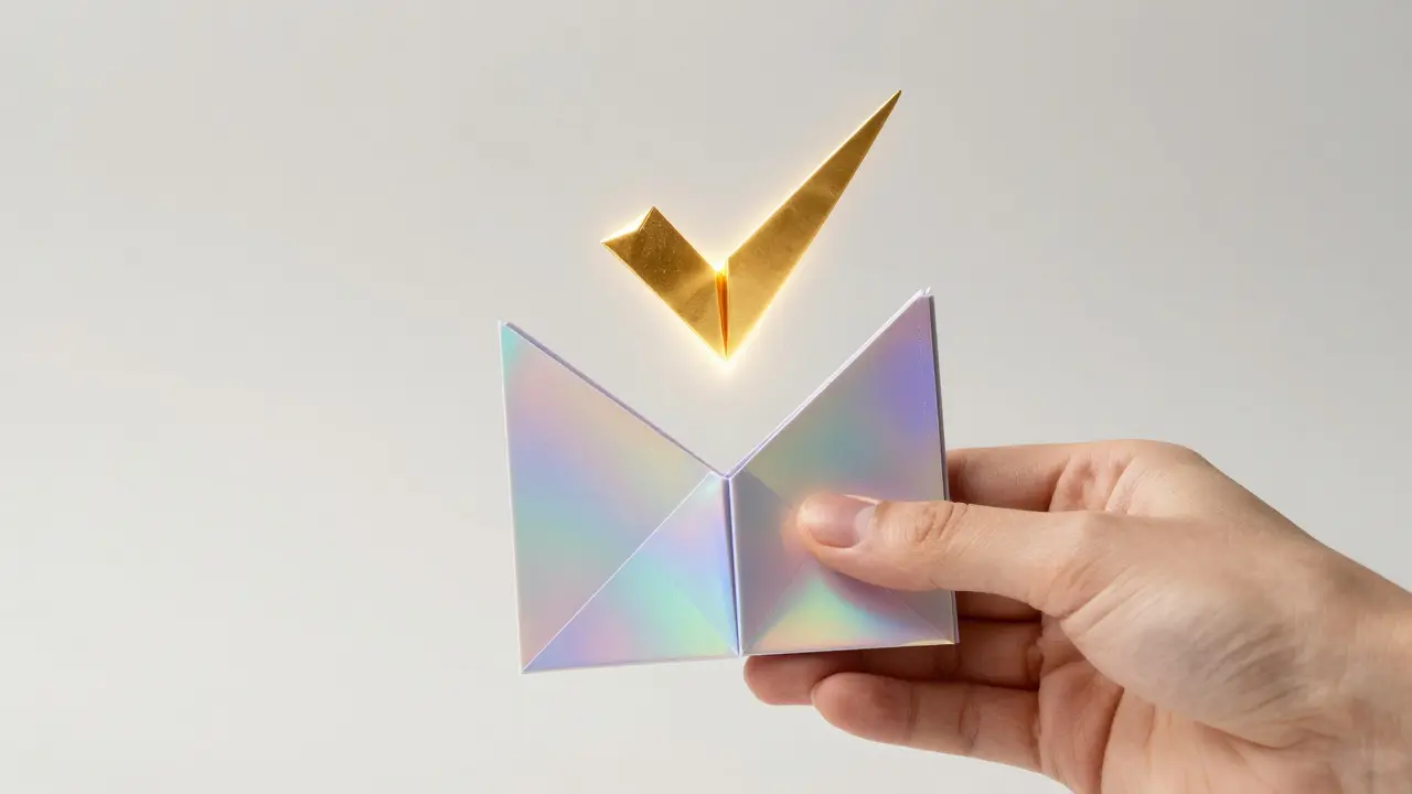 Hand holding a holographic origami wallet with a glowing gold checkmark