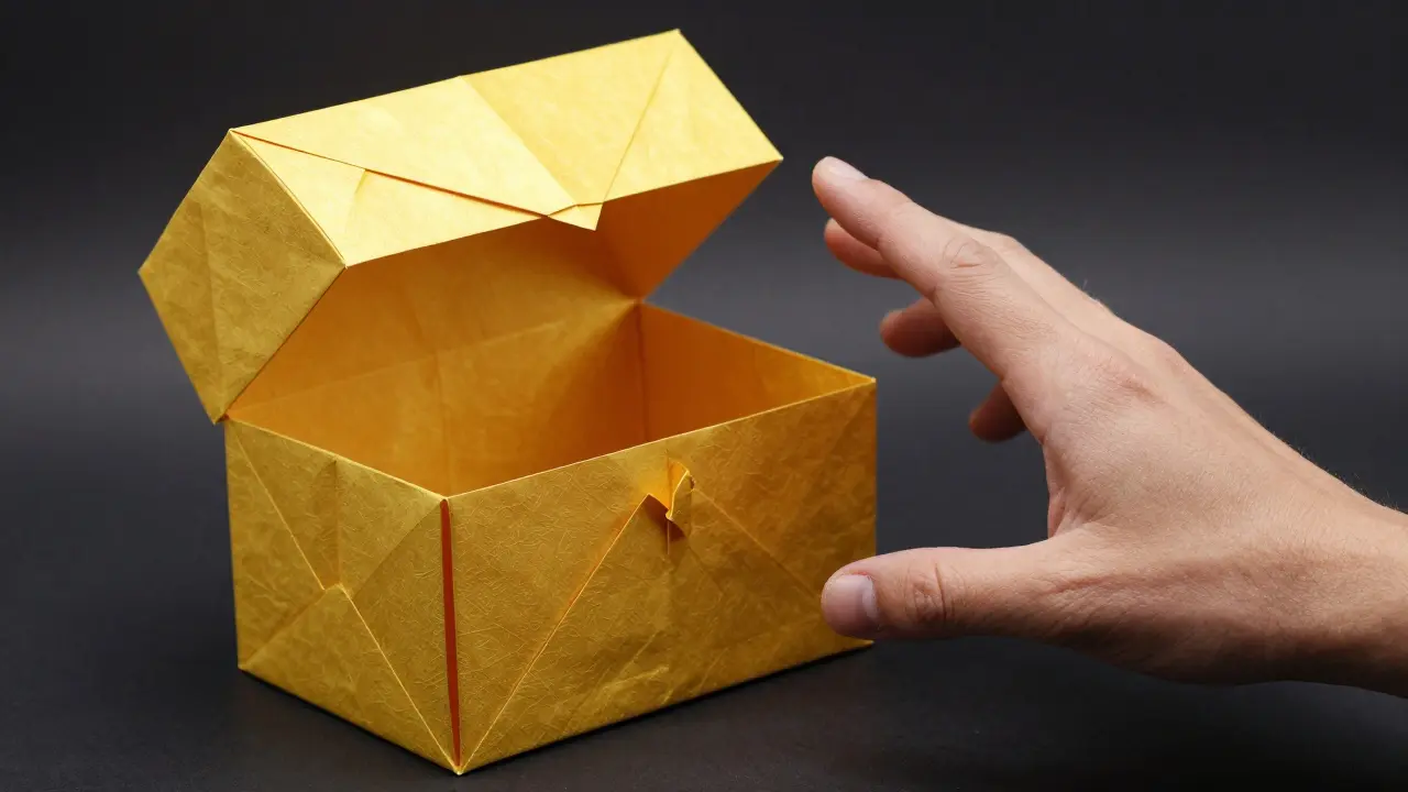 Hand reaching for a golden origami treasure chest that is empty inside