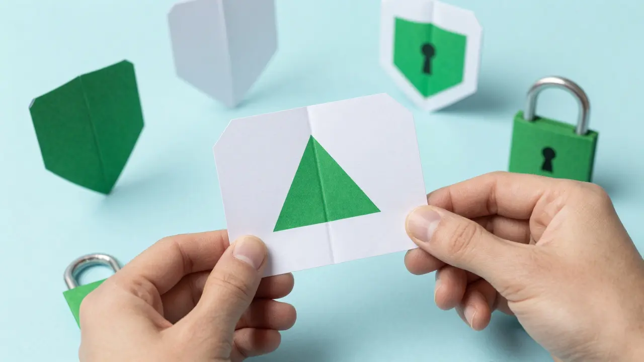 Hand unfolding an origami paper chart to reveal a security shield and warning.
