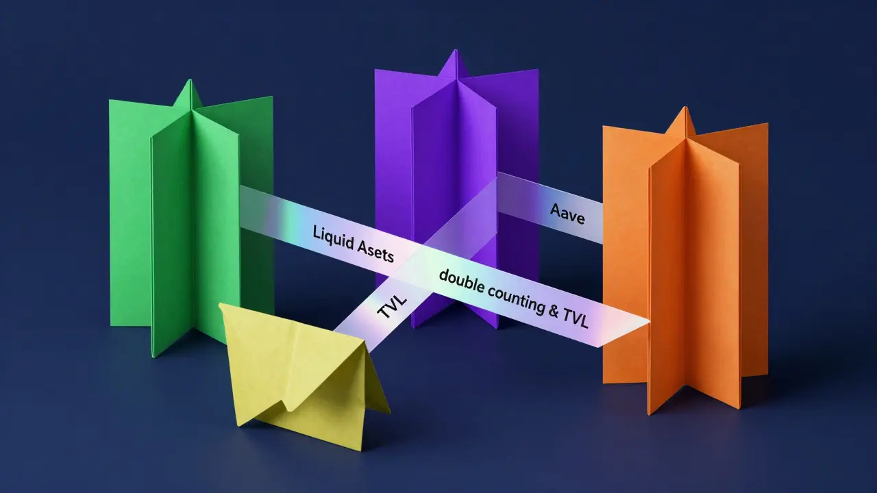 Isometric origami structures connected by a shimmering iridescent paper ribbon.