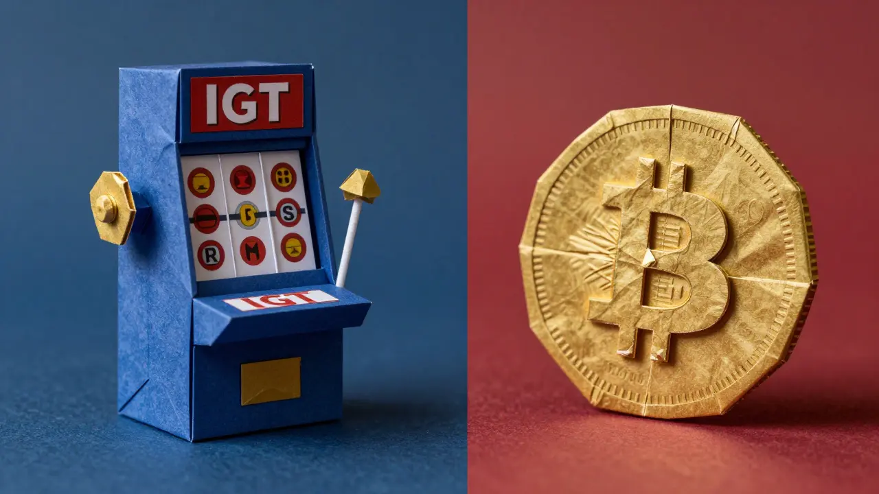 Origami art contrasting a detailed casino machine with a simple folded paper coin.