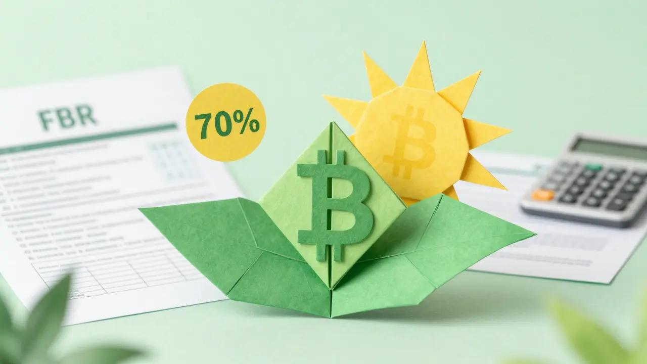 Origami Bitcoin surrounded by a green paper leaf and sun symbolizing green energy