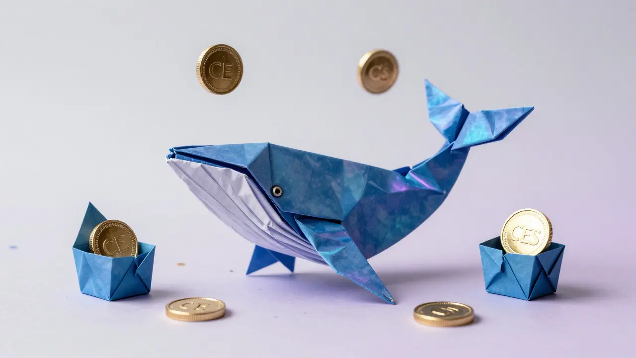 Origami blue whale surrounded by folded paper tokens and staking vaults.
