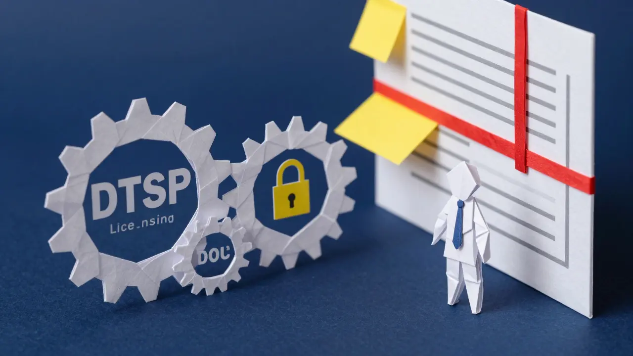 Origami depiction of a compliance officer beside a wall of folded paper regulatory documents.