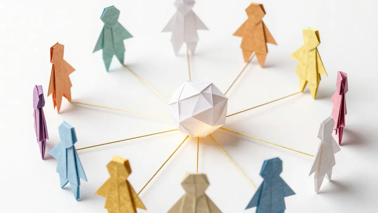 Origami figures connected by gold threads surrounding a central white paper sphere