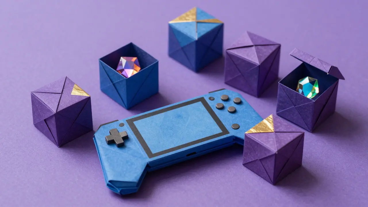 Origami gaming console and mystery paper boxes with glowing gems.