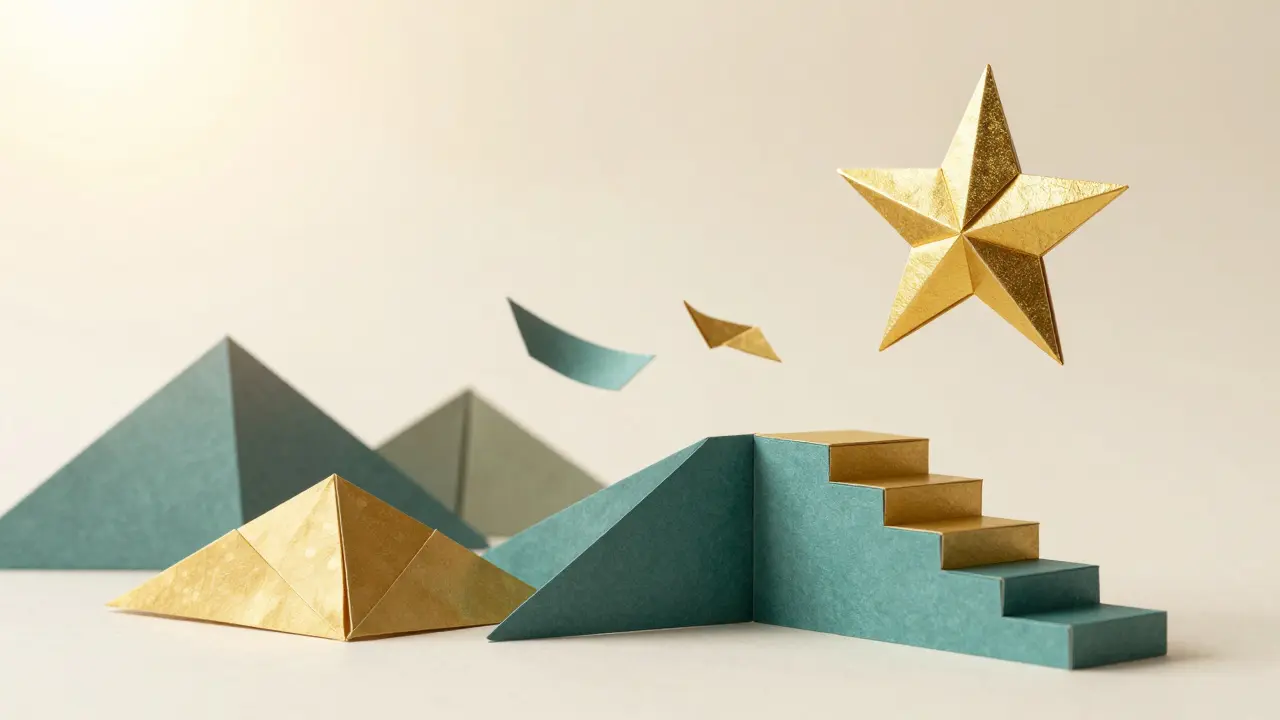 Origami gold and teal paper stairs ascending toward a star, symbolizing growth.