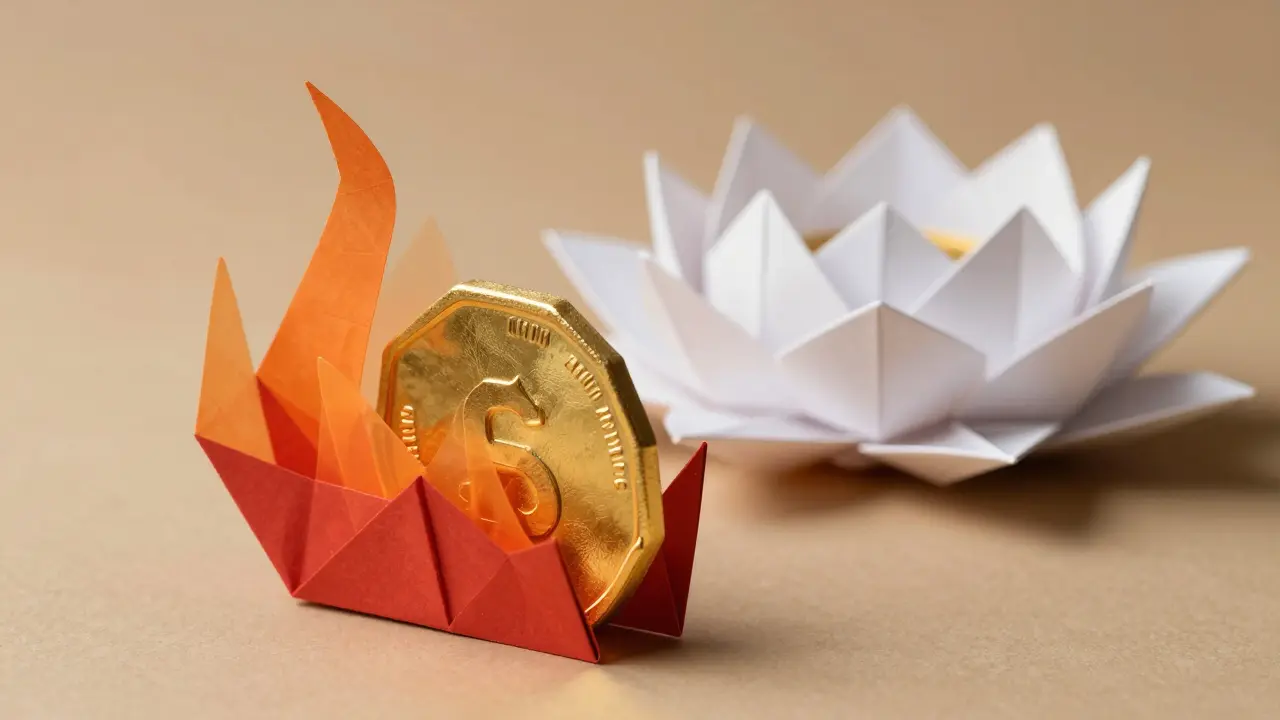 Origami golden token being consumed by a paper flame next to a white paper lotus flower
