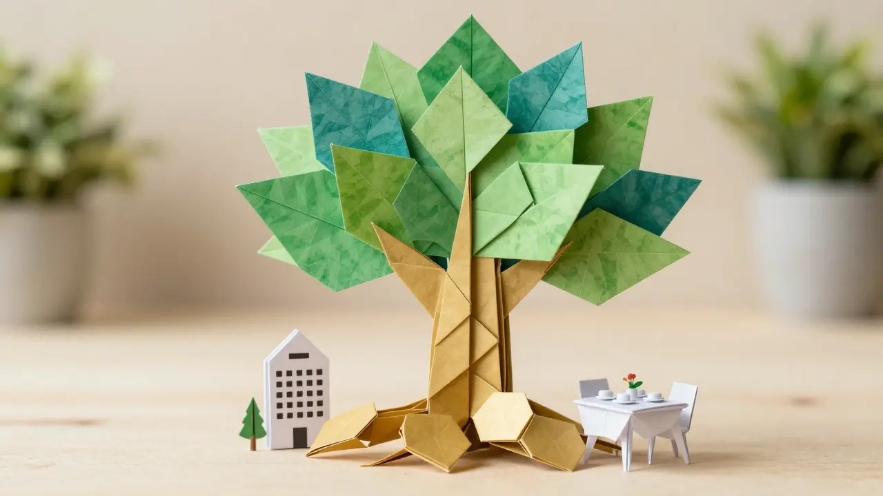 Origami green tree with golden blockchain hexagons and miniature paper buildings