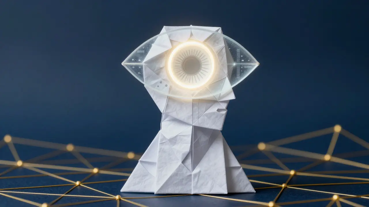 Origami human silhouette with a glowing iris ring and blockchain network