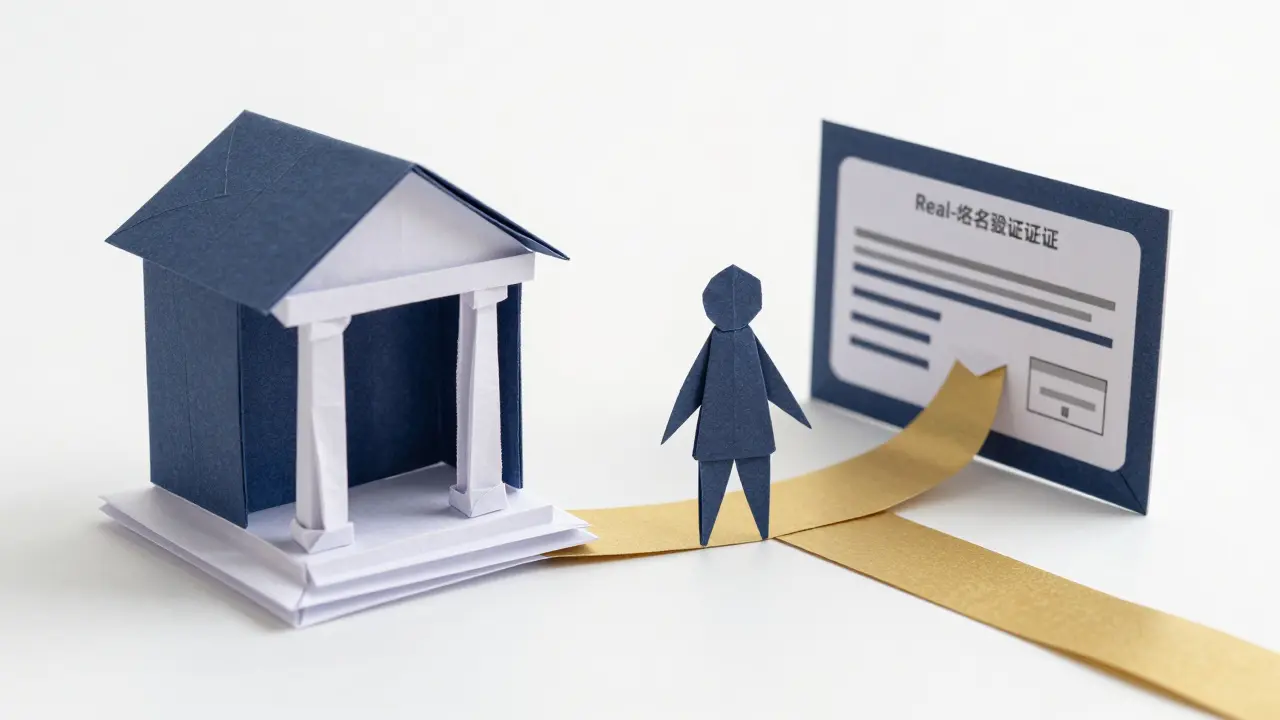 Origami illustration of a paper bank connected to a digital exchange by paper ribbons.