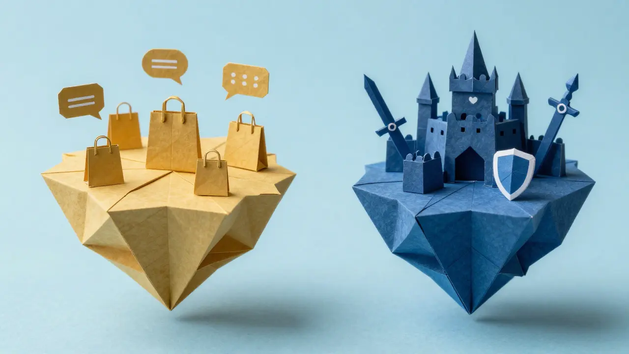 Origami illustration of two separate floating paper islands representing different blockchains