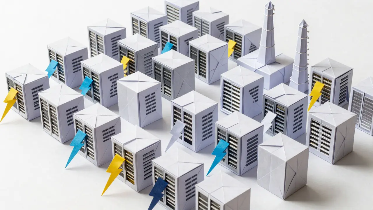 Origami paper art of a crypto mining data center with symbolic energy bolts