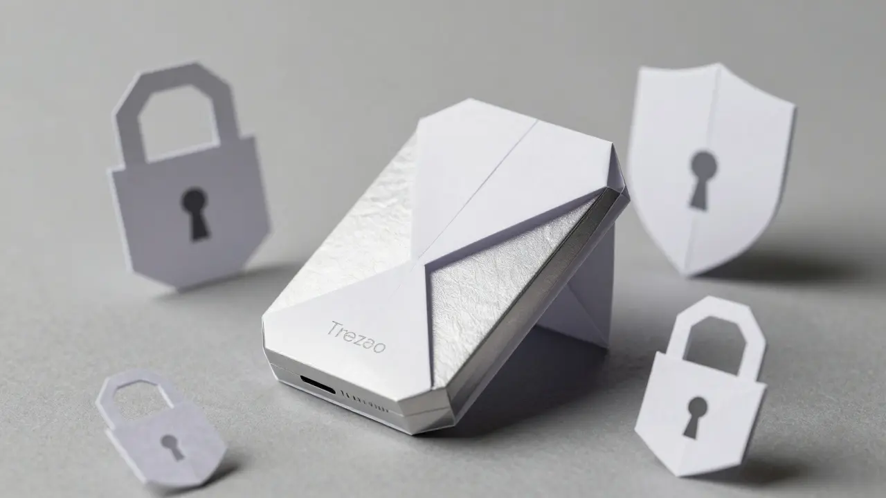 Origami paper art of a hardware wallet device surrounded by folded locks and shields.