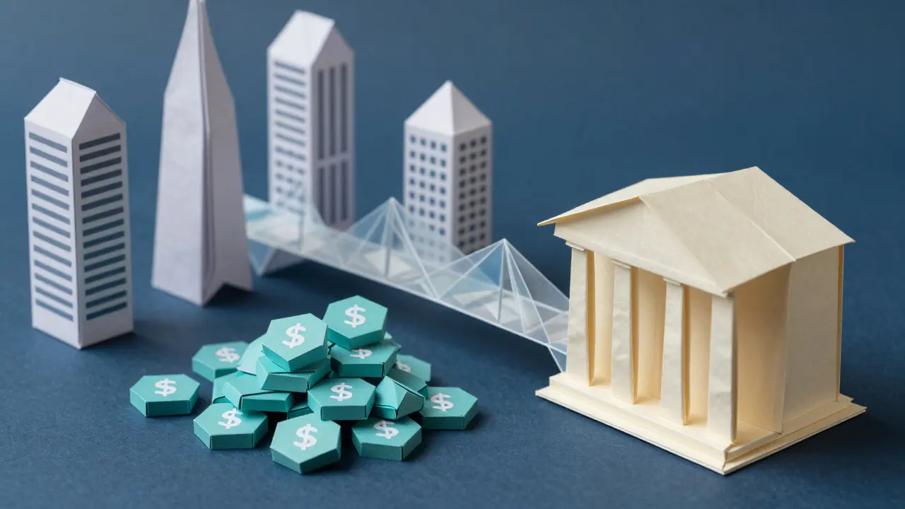 Origami paper bank and city buildings connected to digital tokens by a crystalline bridge.
