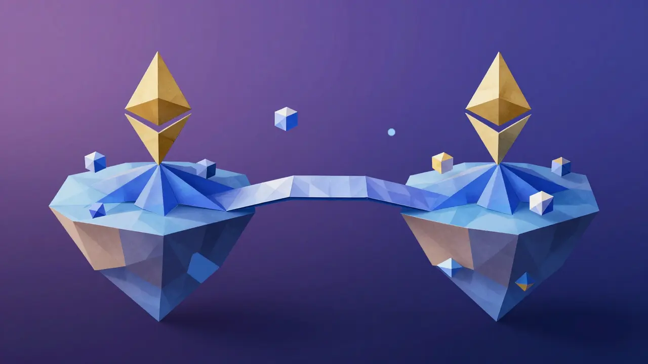 Origami paper bridge connecting two floating digital islands