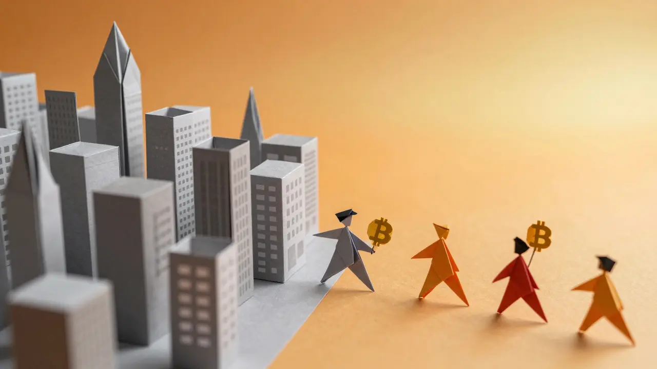 Origami paper buildings migrating from a grey structured city toward a colorful horizon.