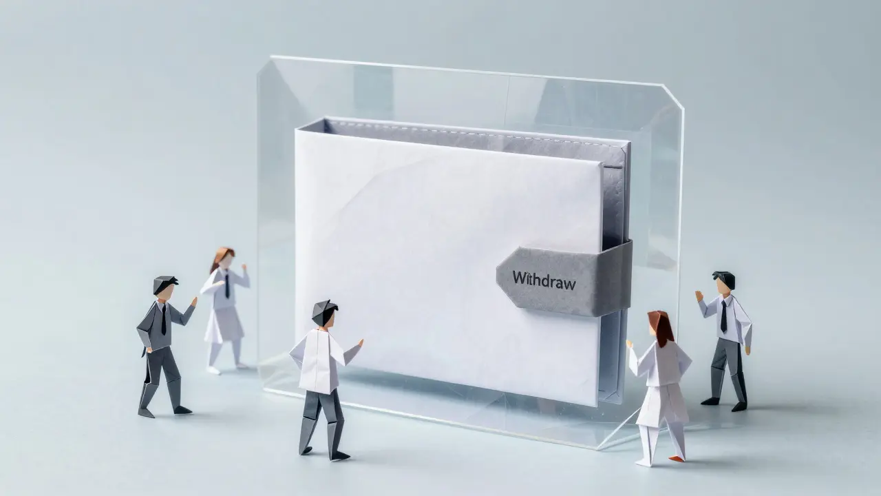 Origami paper digital wallet and withdraw button frozen inside translucent paper ice