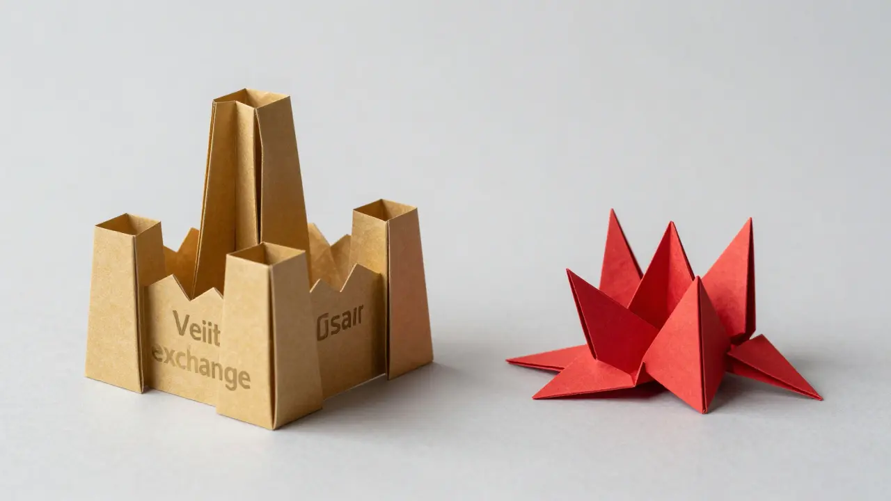 Origami paper fortress contrasting with a crumbling red paper scrap