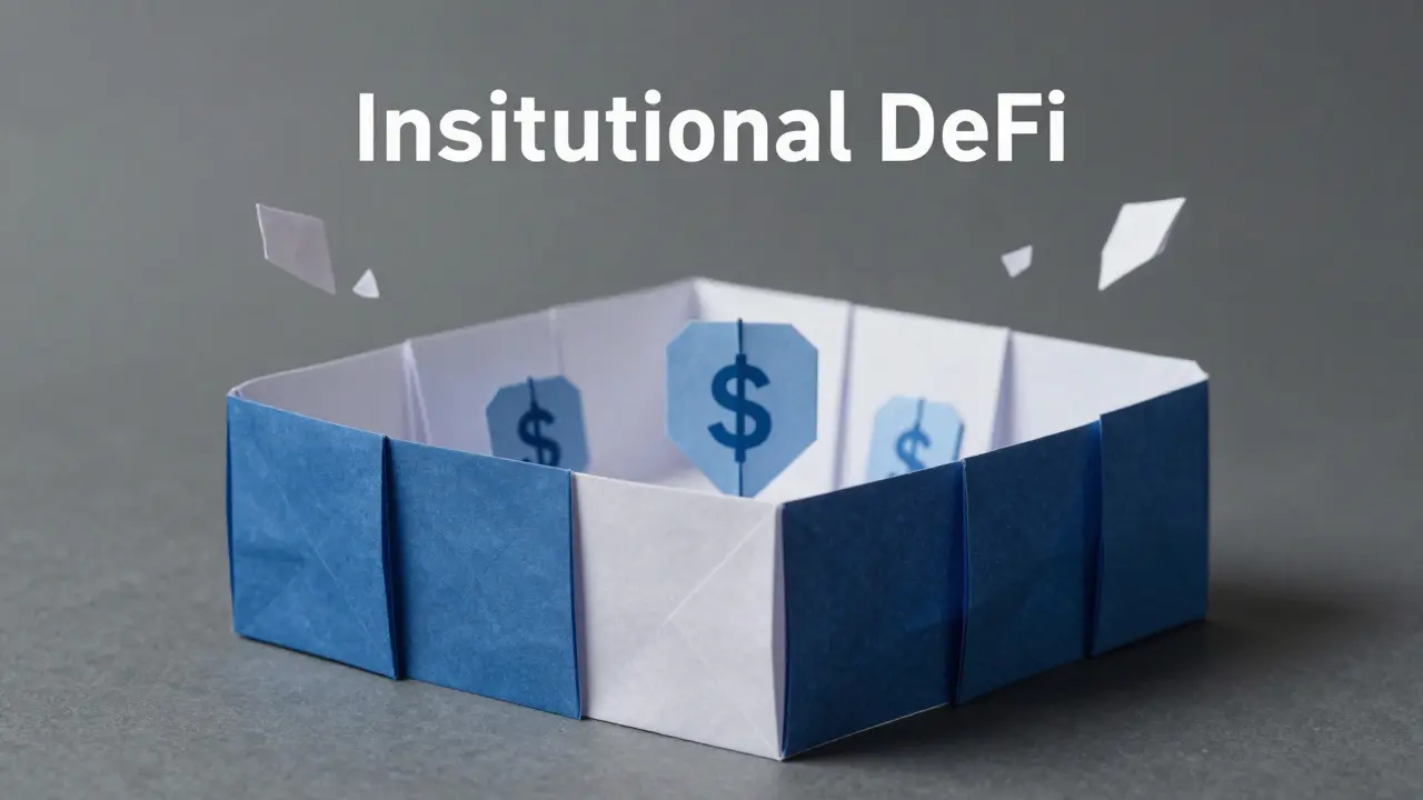 Origami paper fortress with stablecoin symbols representing institutional security.