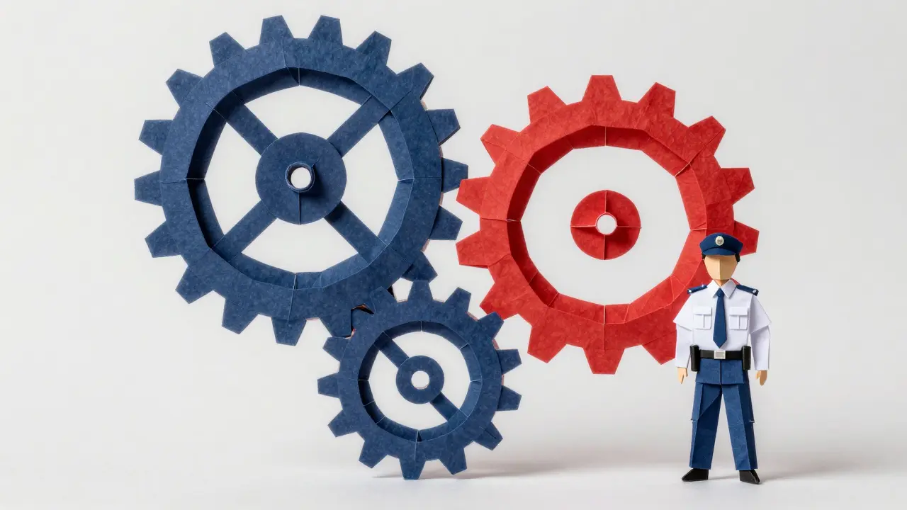 Origami paper gears and documents representing Canadian regulatory systems.