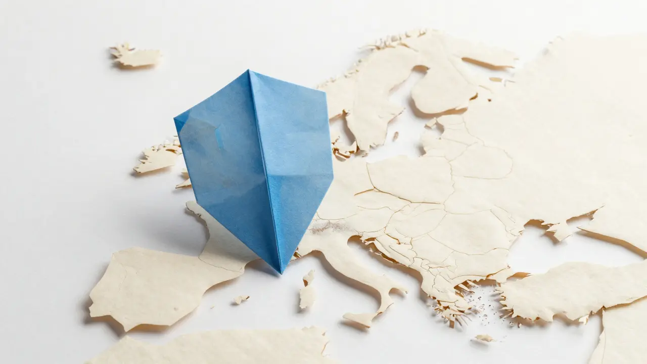 Origami paper map of Europe protected by a translucent blue folded paper shield.