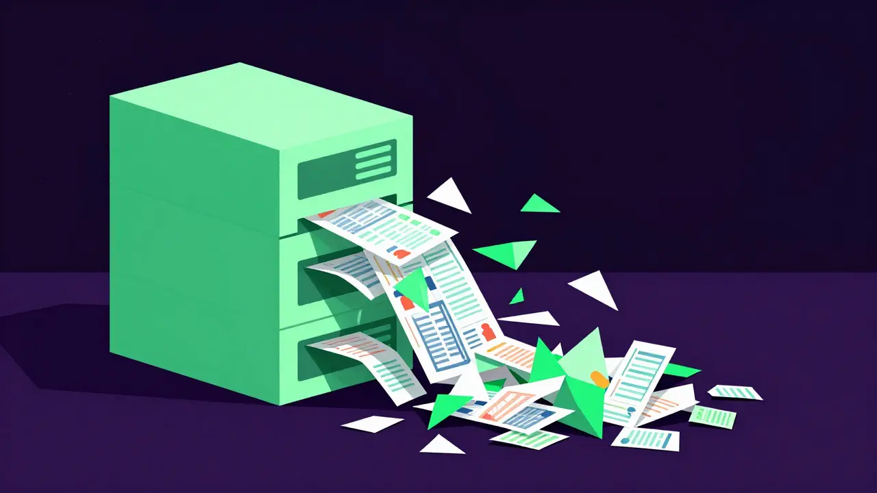 Origami paper server collapsing and spilling thousands of tiny colorful data slips