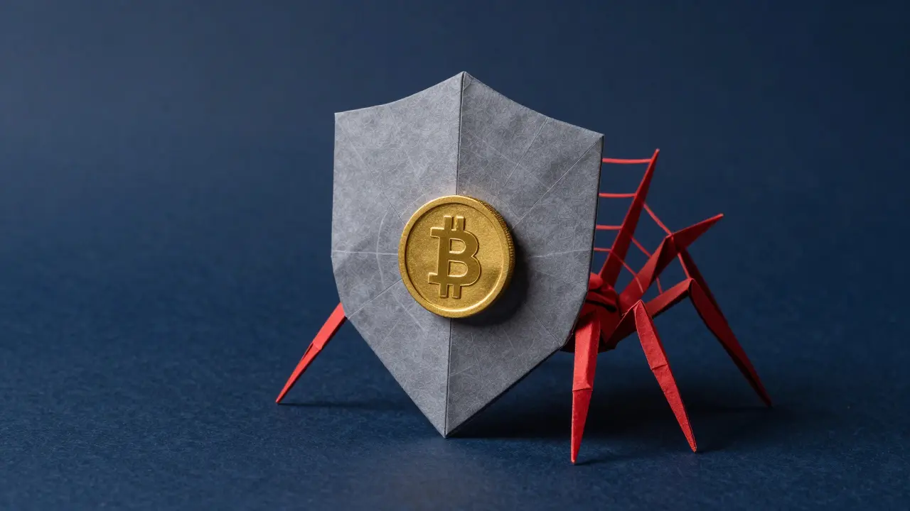 Origami paper shield protecting a golden coin from a red paper spider web