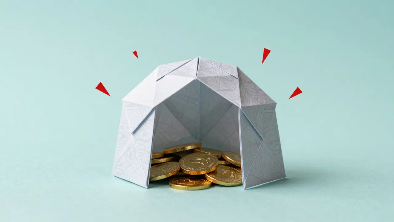 Origami paper shield protecting golden coins from red sparks.