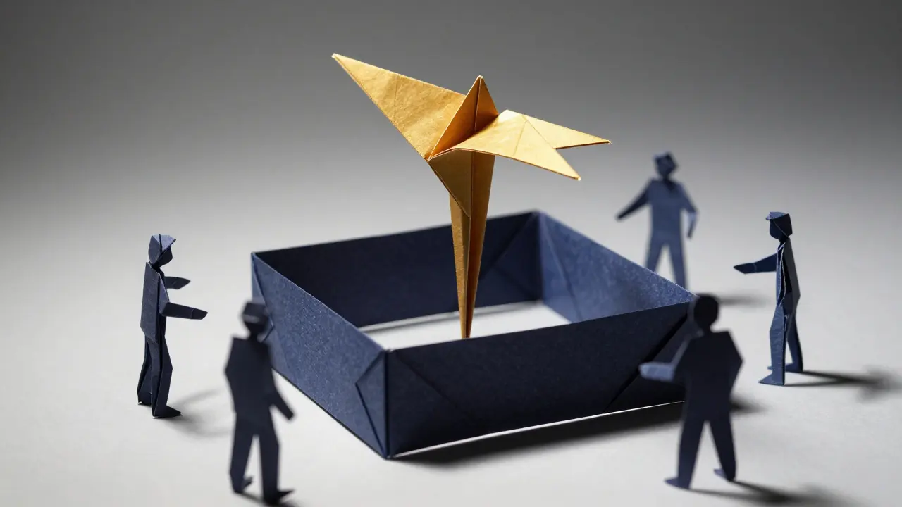 Origami paper trap with a gold lure and dark geometric folds