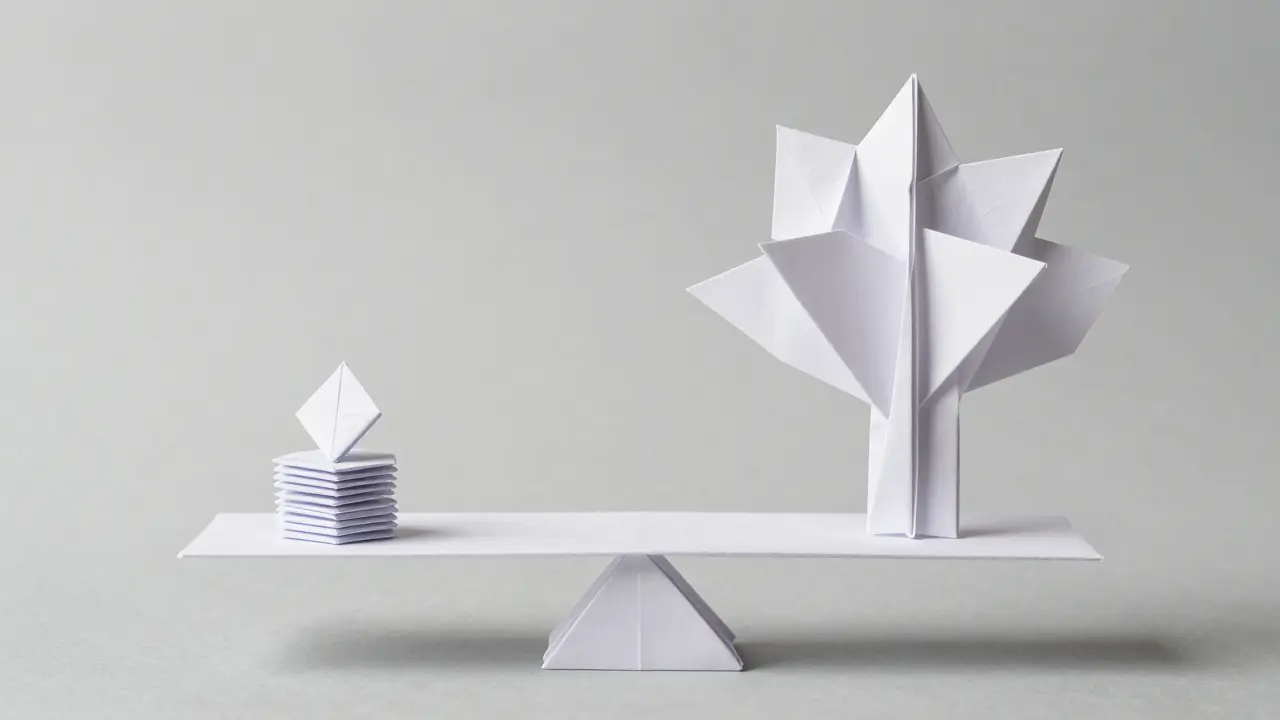 Origami scale comparing selling tokens to growing a staking tree
