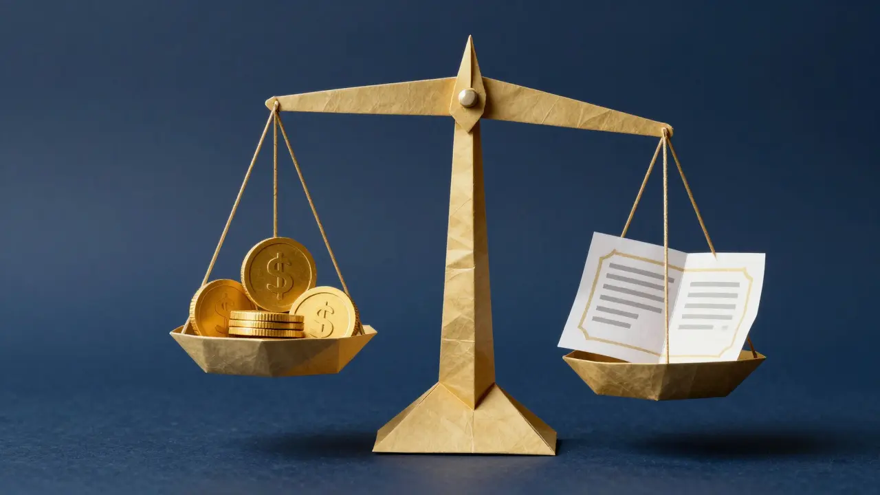 Origami scale of justice balancing a folded gold coin and a paper security certificate.