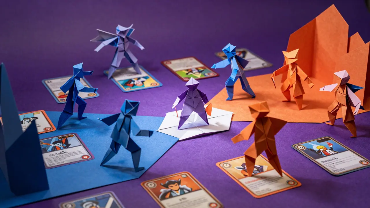 Origami style battle scene with folded paper characters and trading cards