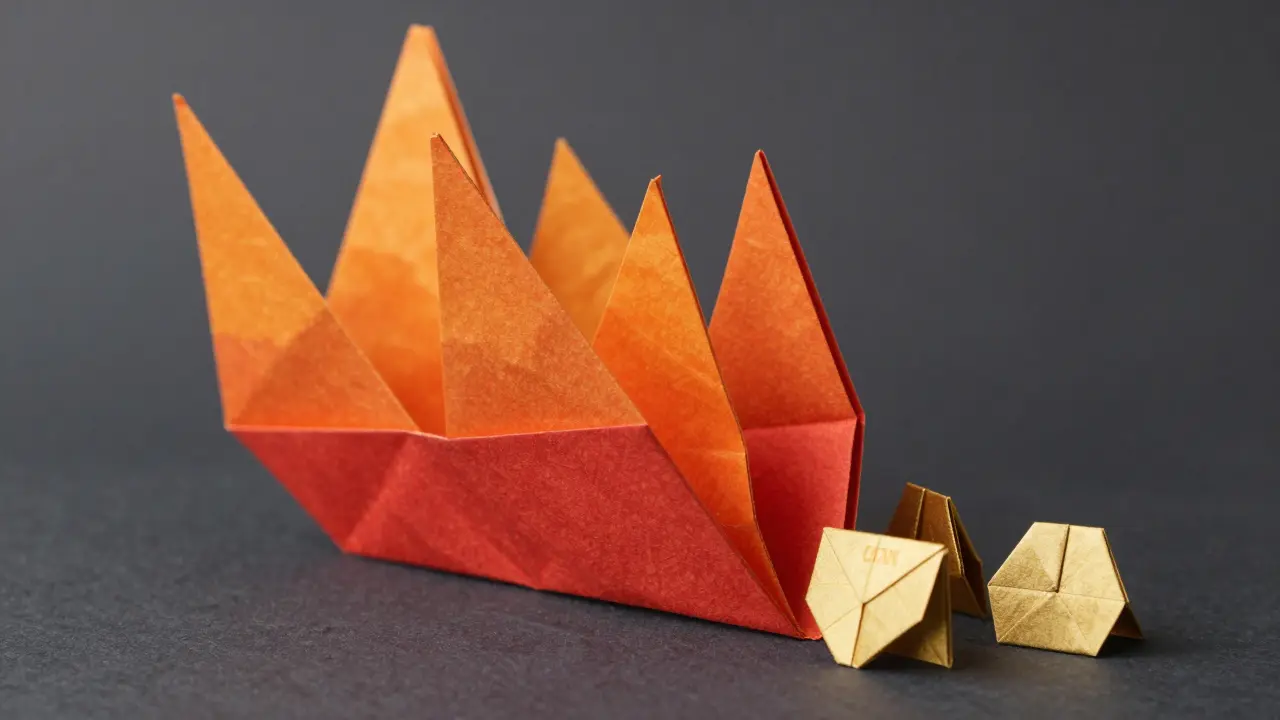 Origami style image of a red paper flame consuming gold paper tokens