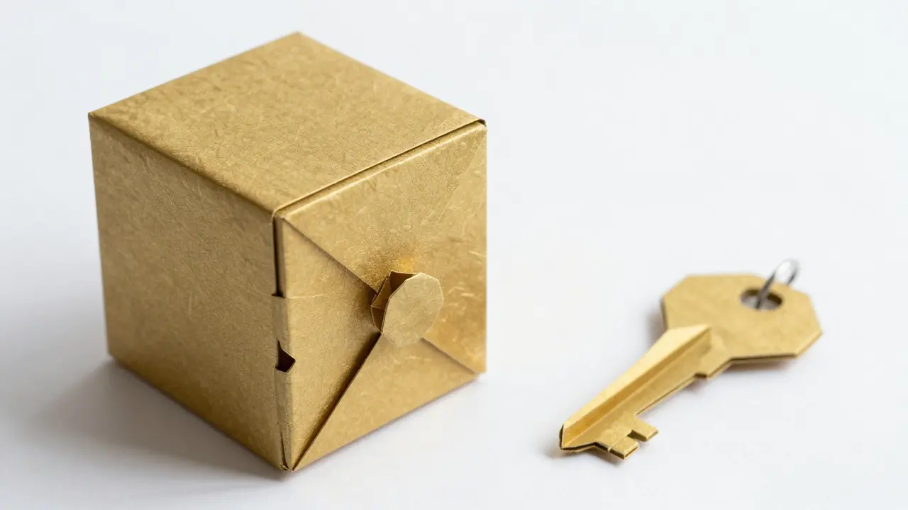 Secure origami paper vault made of gold textured paper with a paper key