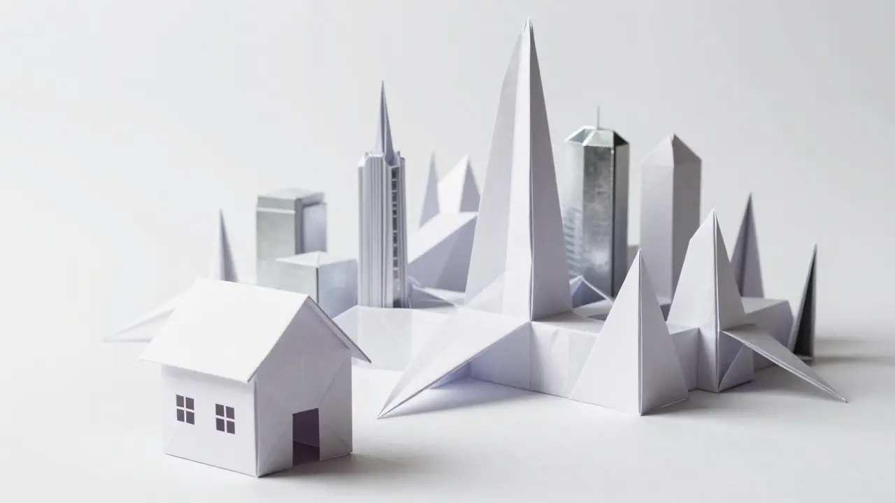 Small origami house transforming into a complex futuristic paper city