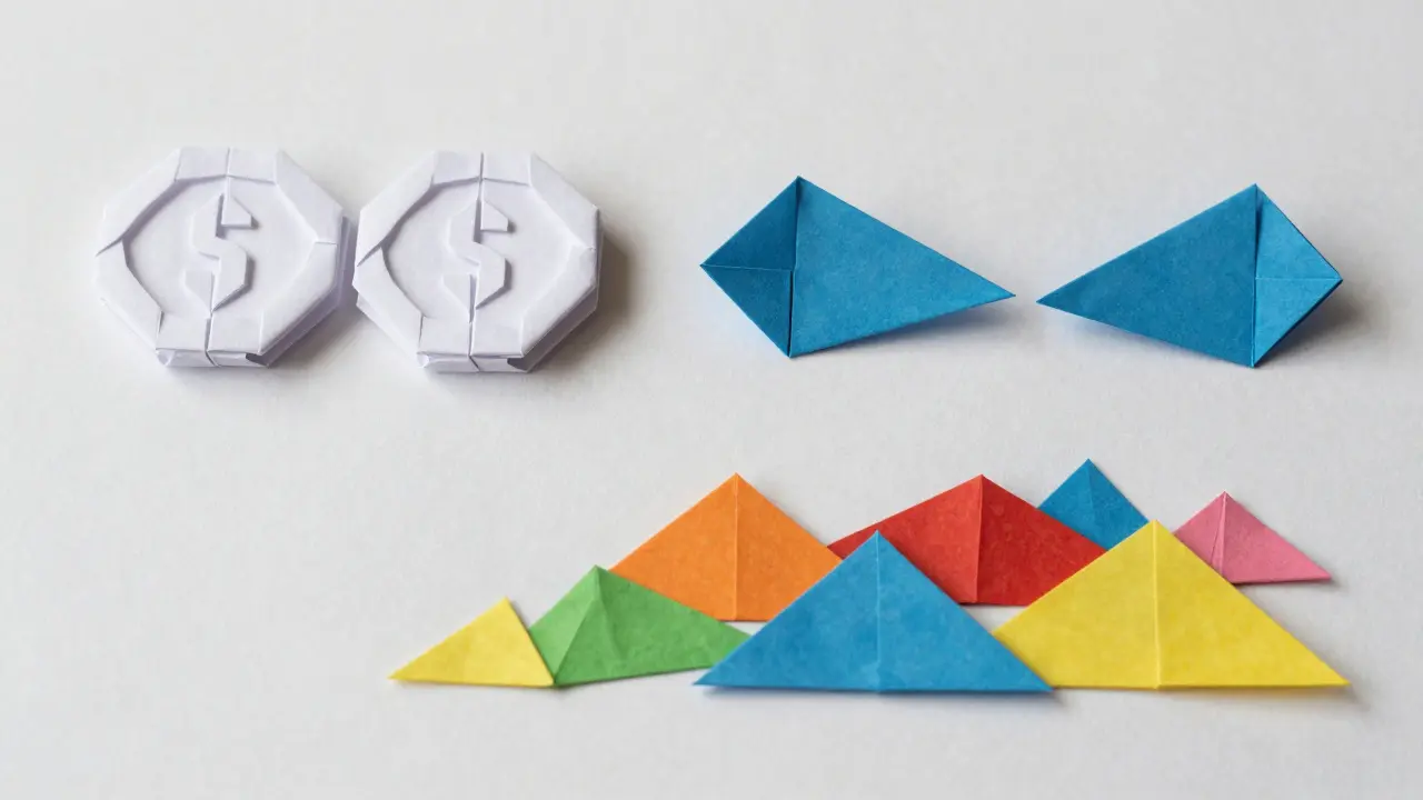 Three sets of origami coins representing stable, correlated, and volatile pools