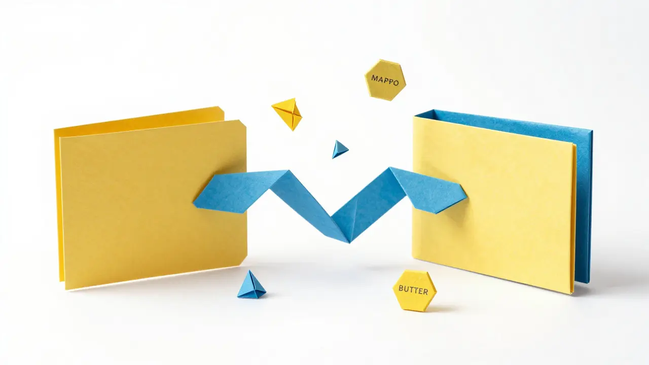 Two folded paper wallets connected by a flowing yellow ribbon symbolizing a token swap