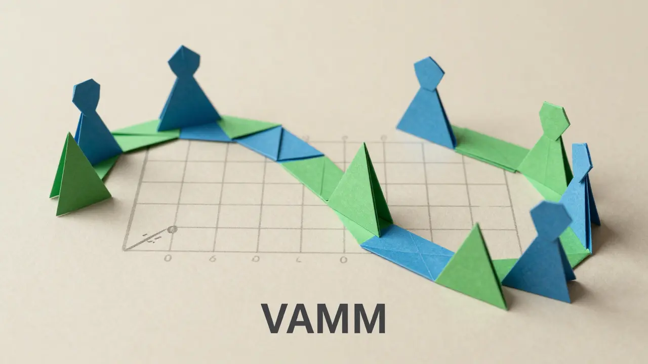 Abstract origami curves representing the vAMM liquidity mechanism in DeFi.