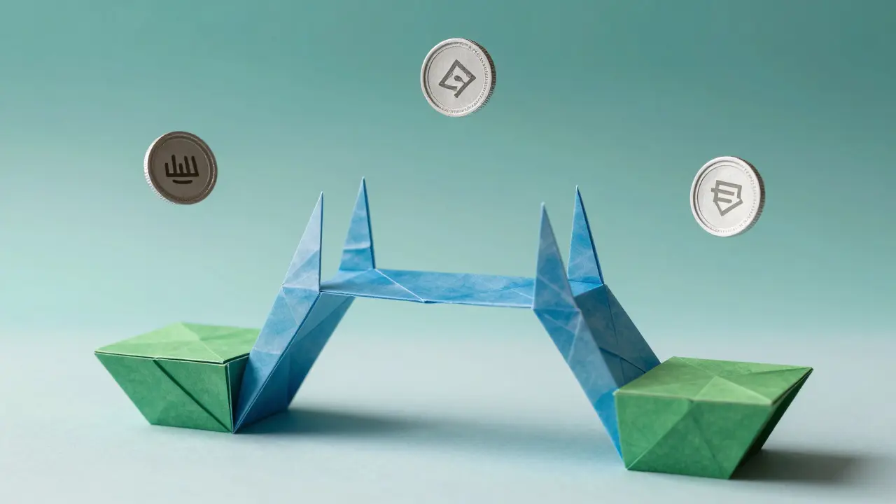 Blue and green origami bridge representing Fluity Protocol's lending mechanism