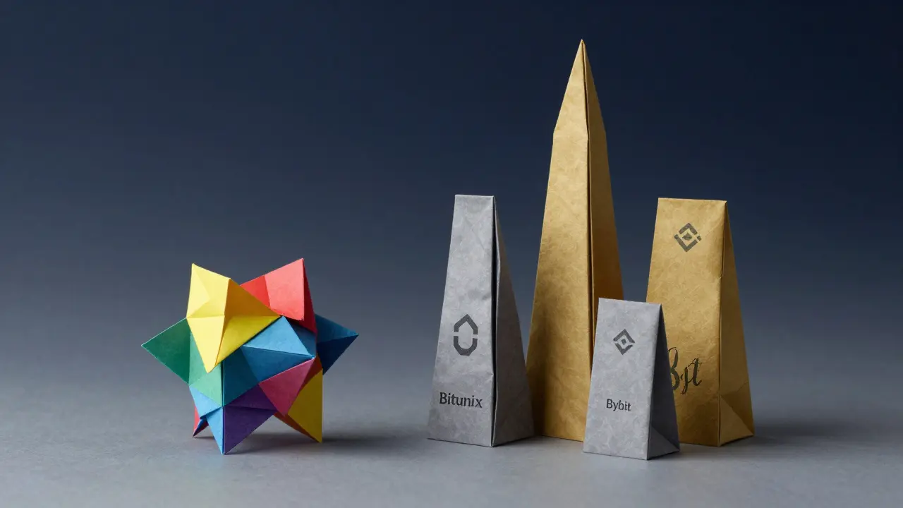Colorful origami structure next to large towers