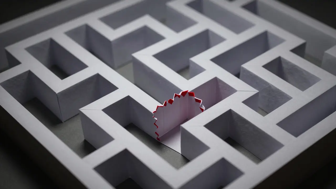 Complex origami maze with hidden red tears
