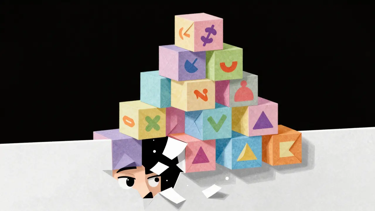 Crumbling origami paper tower