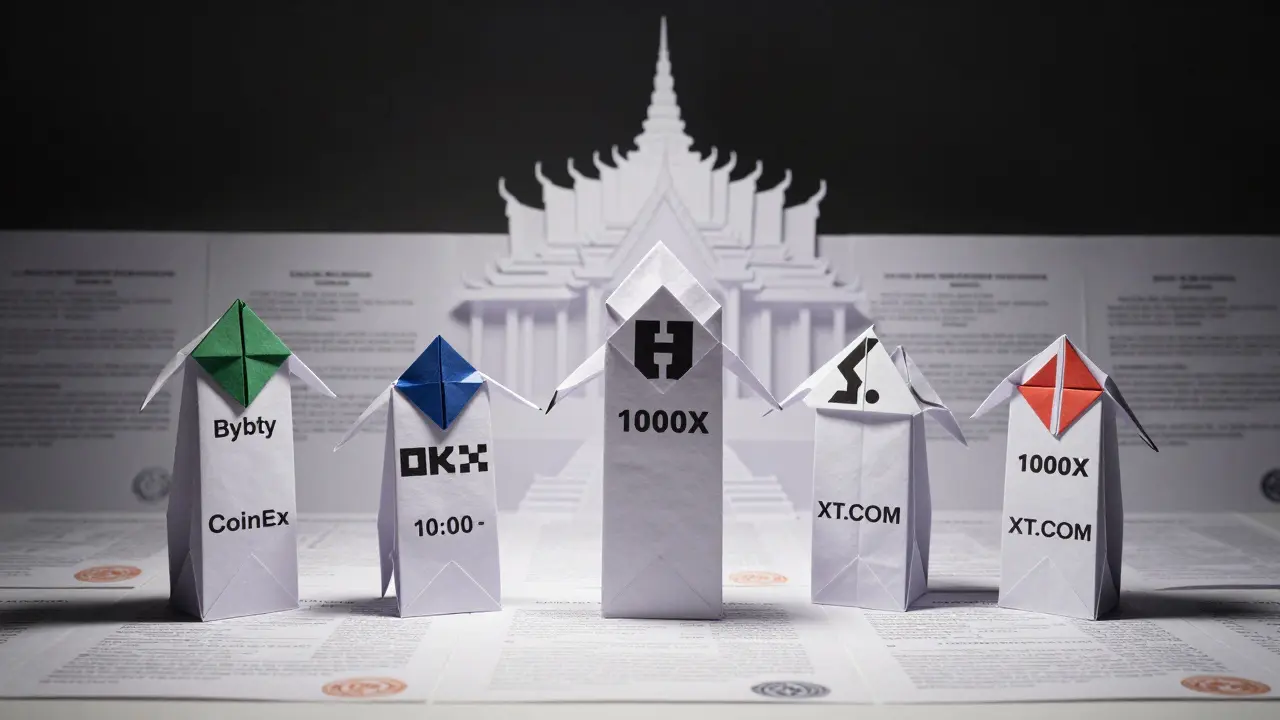 Five origami towers representing banned exchanges being dismantled