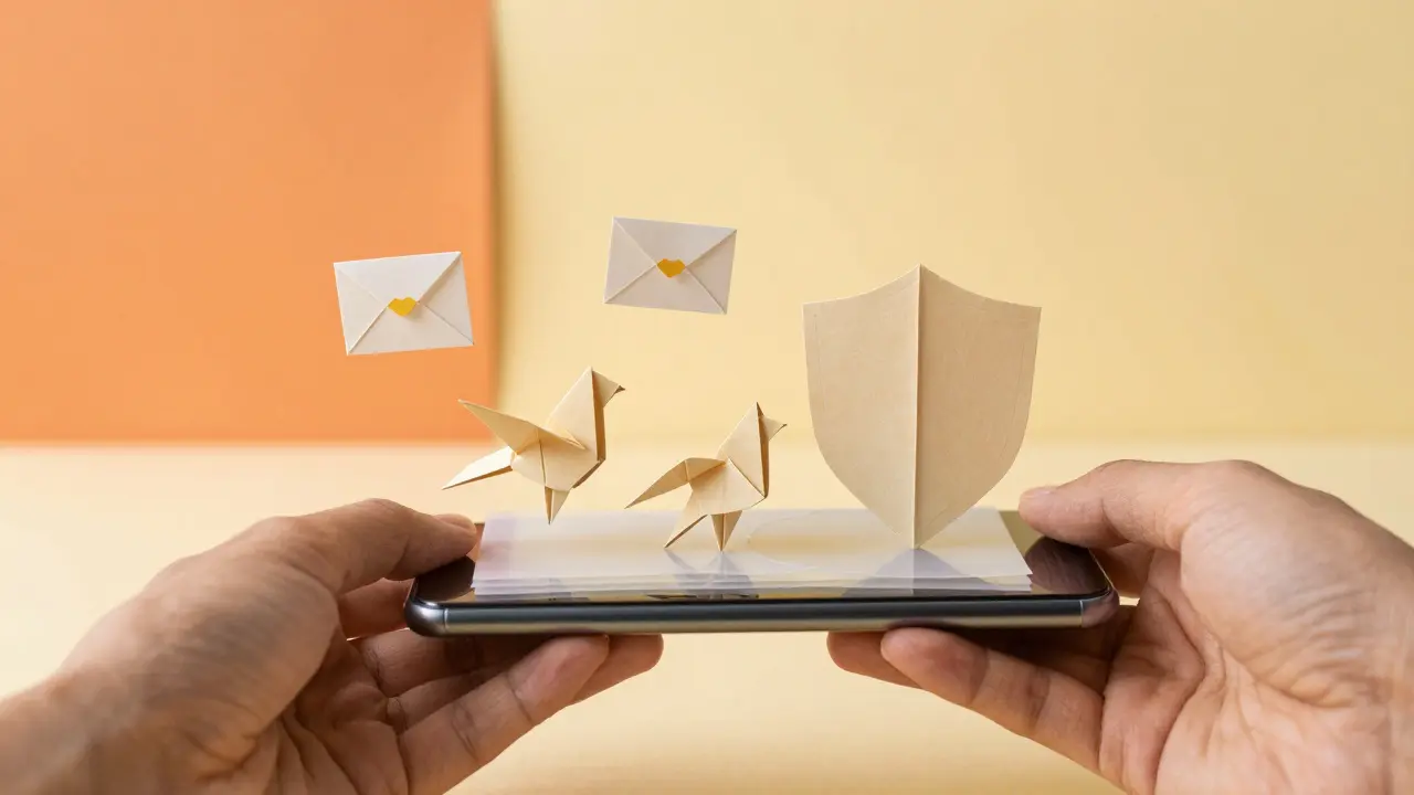 Folded paper hand holding a phone with origami symbols for remittances and savings.