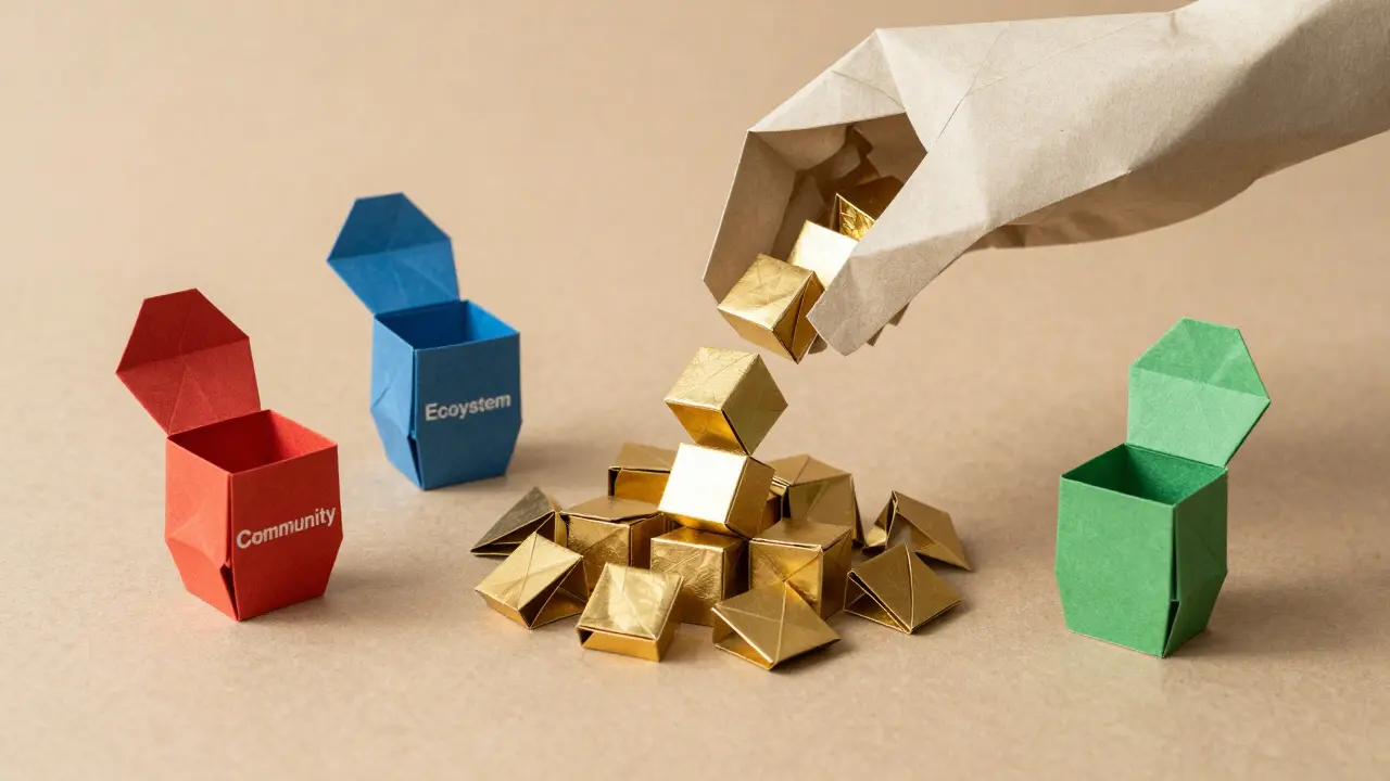 Folded paper tokens being distributed into category vessels