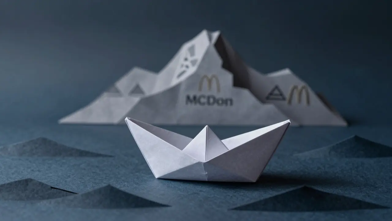 Fragile origami boat on rough paper waves near a stable mountain