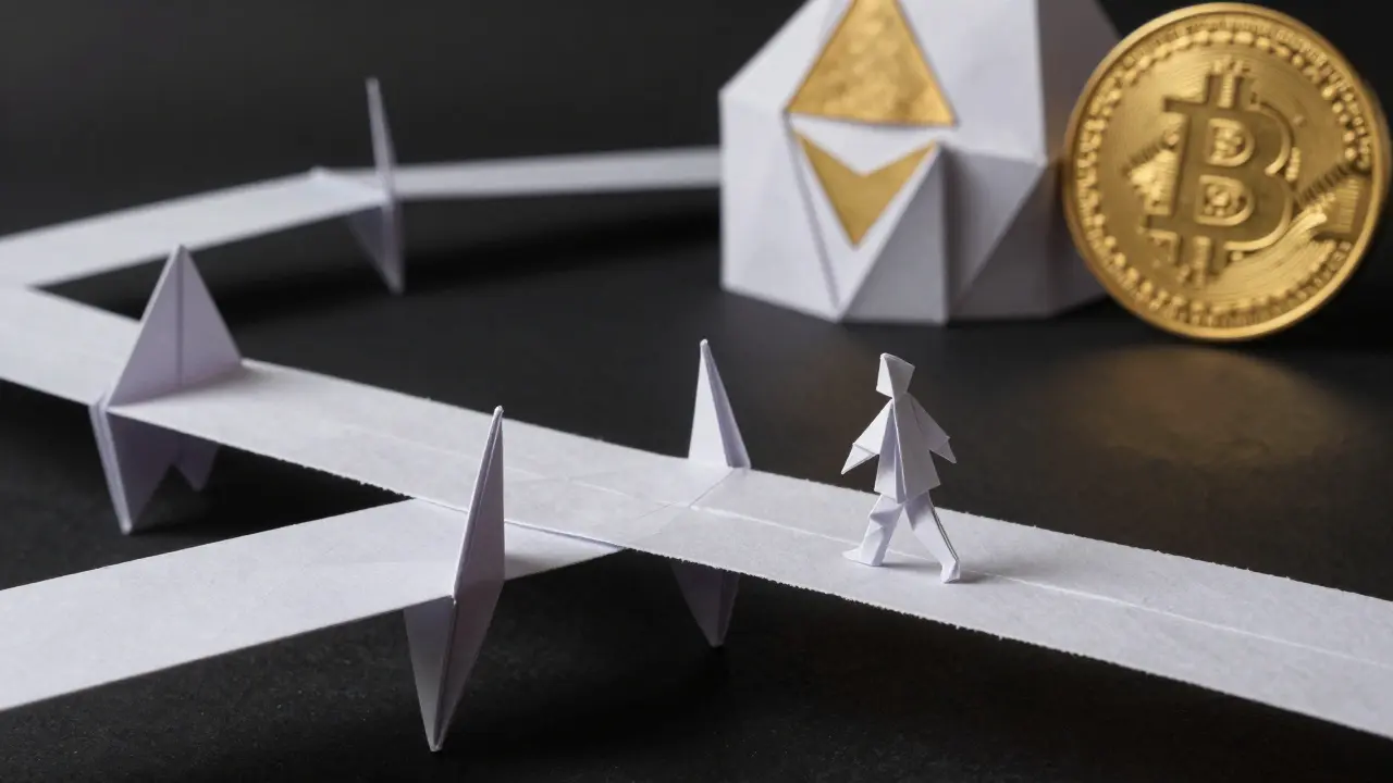 Fragile origami bridge over a void symbolizing risk