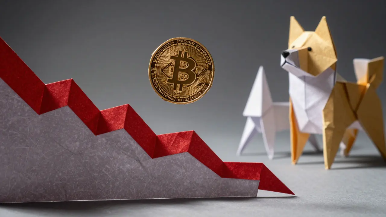 Fragile origami crypto coin hovering over a jagged paper market graph