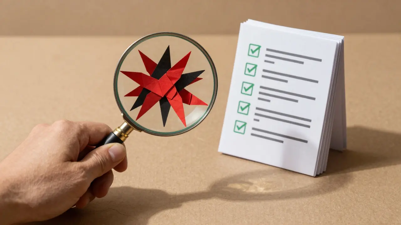 Kraft paper hand using a magnifying glass to inspect fake crypto contracts